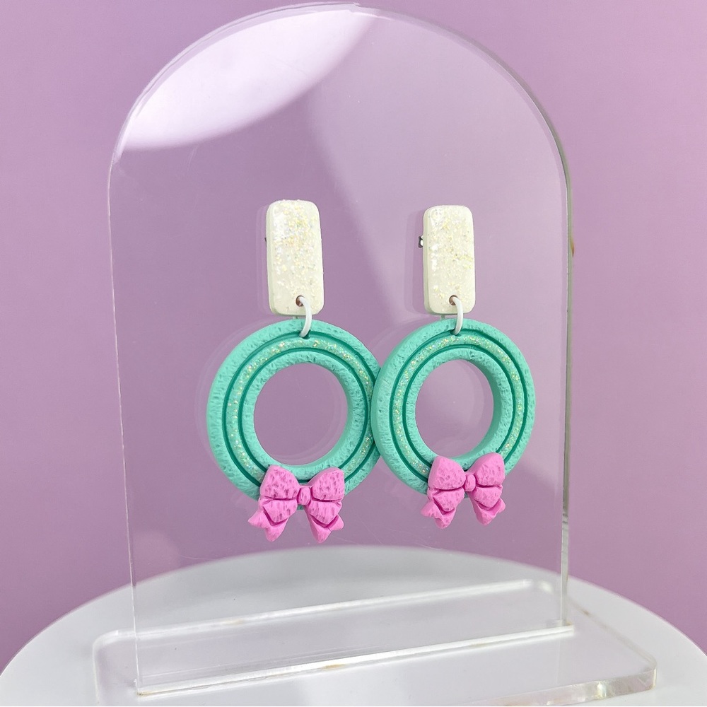 Christmas Wreath Design Handmade Polymer Clay Dangle Earrings